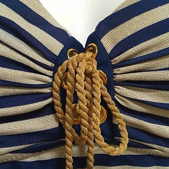 Jessica Simpson Blue/Gold Striped Tie Tankini Swim Top. Size Medium - Picture 5 of 12